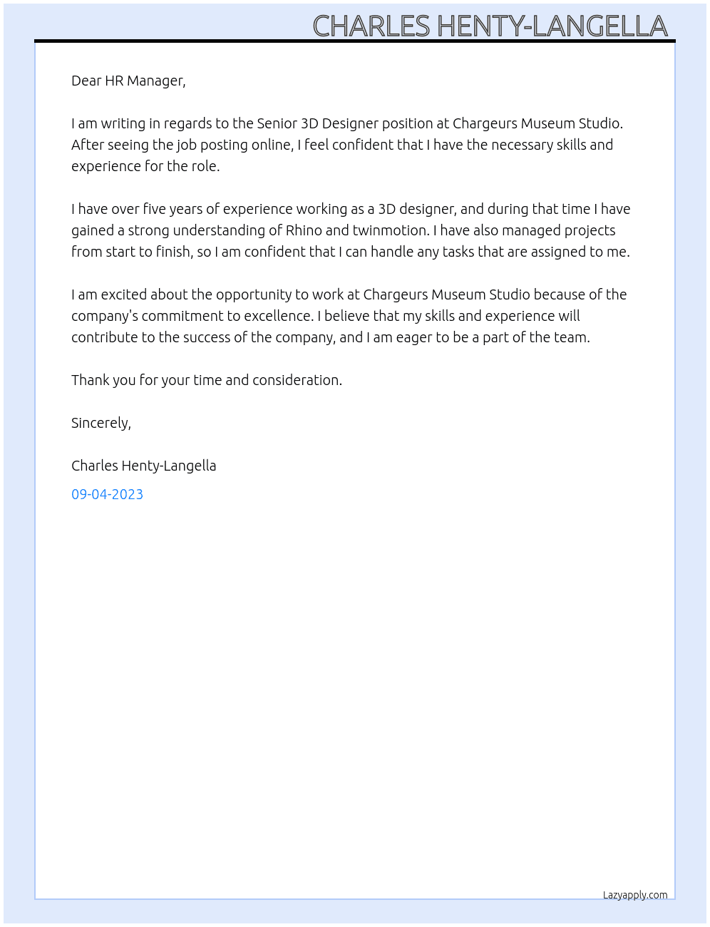 Senior 3D designer At Chargeurs Museum Studio Cover Letter