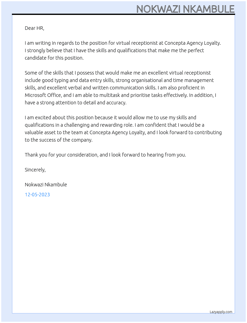 virtual receptionist At Concepta Agency Loyalty Cover Letter