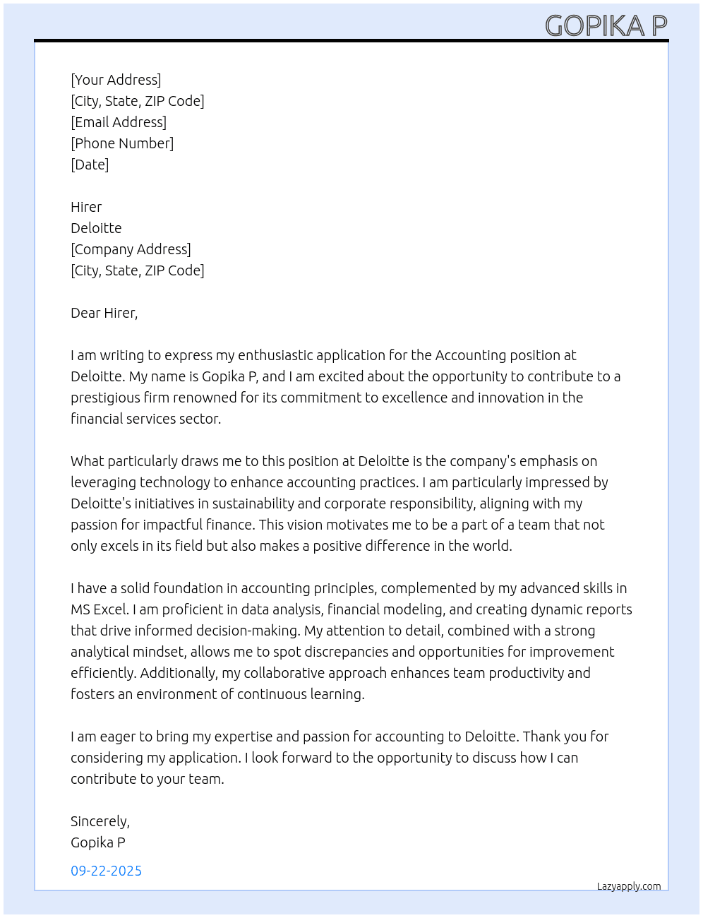 Accounting At Deloitte  Cover Letter