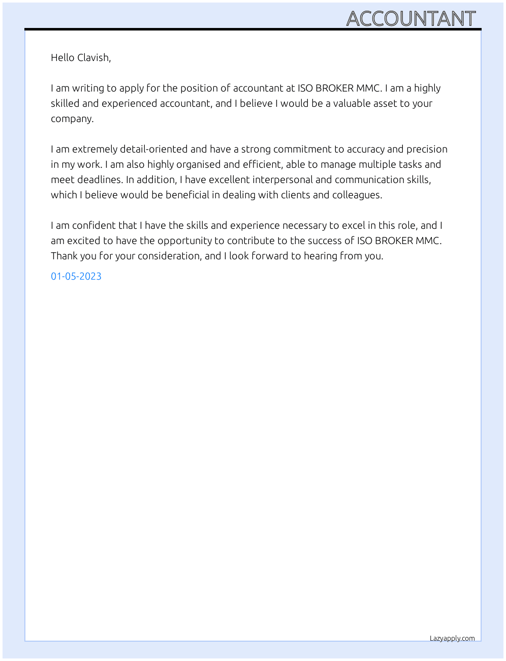 Accountant  At ISO BROKER MMC Cover Letter