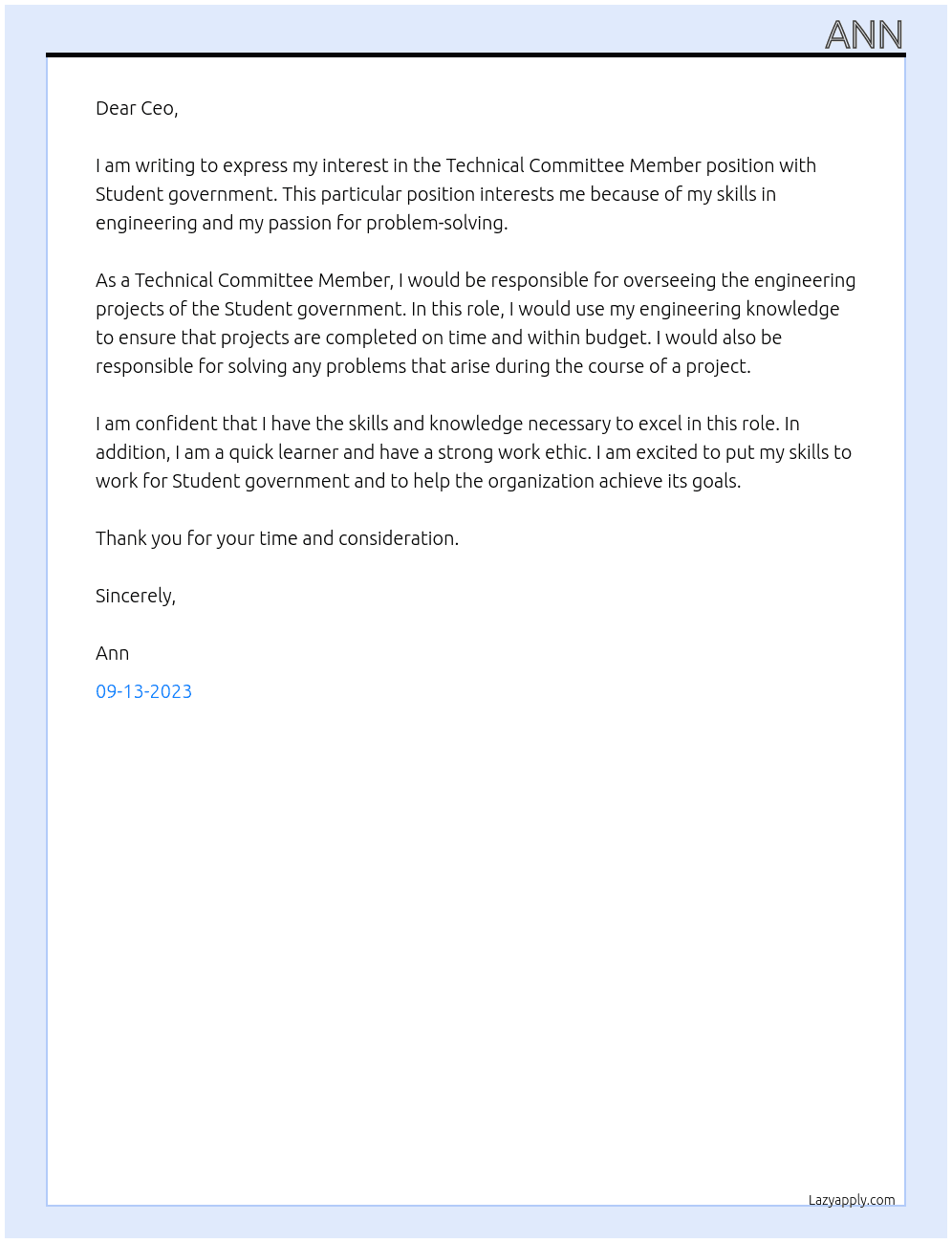 Technical Committee Member  At Student government Cover Letter