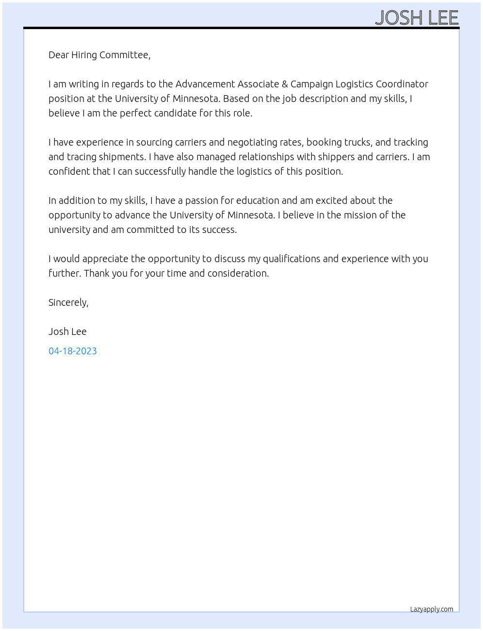 Advancement Associate & Campaign Logistics Coordinator At University of Minnesota Cover Letter