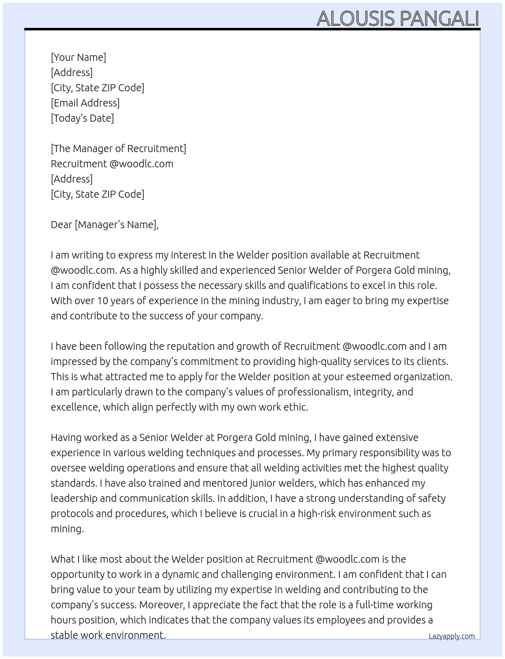 Welder  At Recruitment @woodlc.com Cover Letter