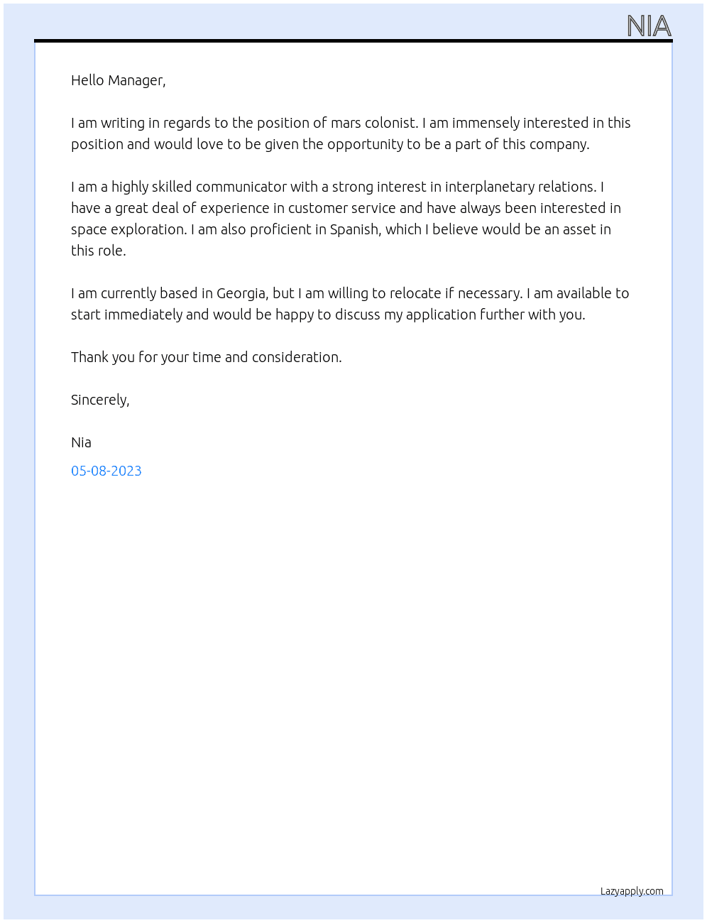  mars colonist At Application as mars colonist Cover Letter