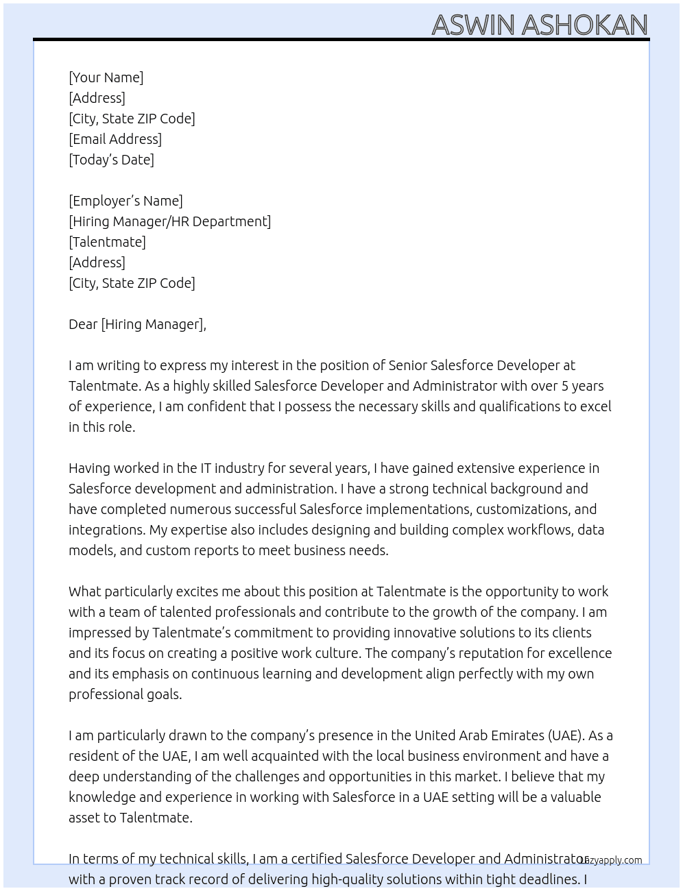 Senior Salesforce Developer At Talentmate Cover Letter