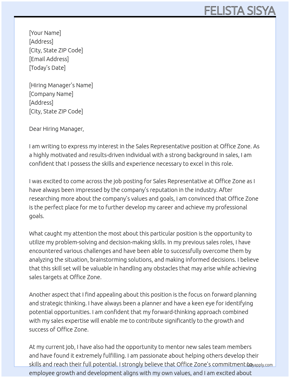 Sales Representative At Office Zone Cover Letter