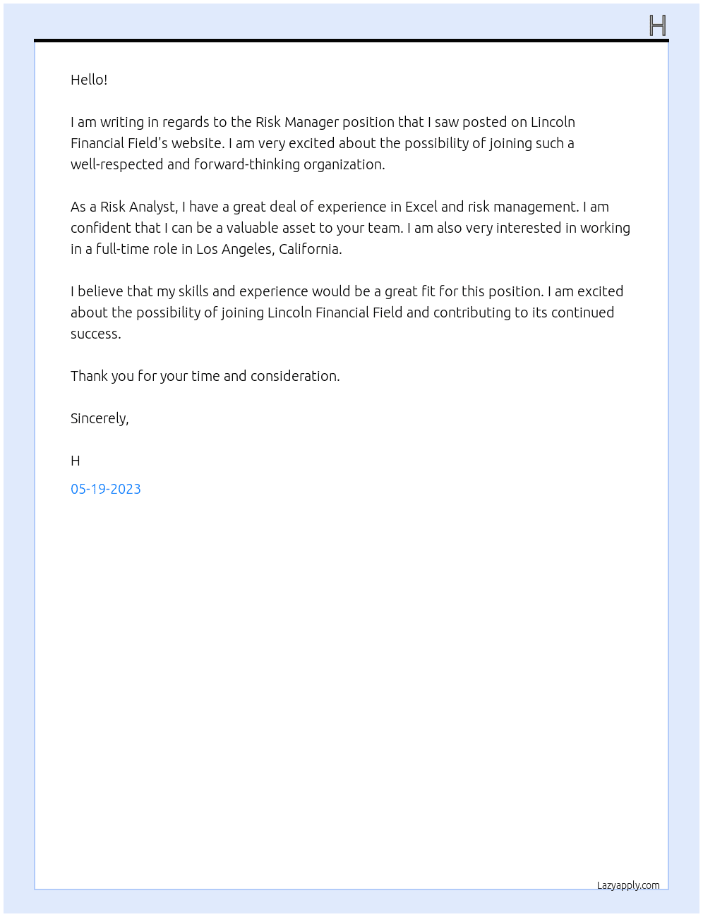 Risk Analyst At Lincoln Financial Field Cover Letter