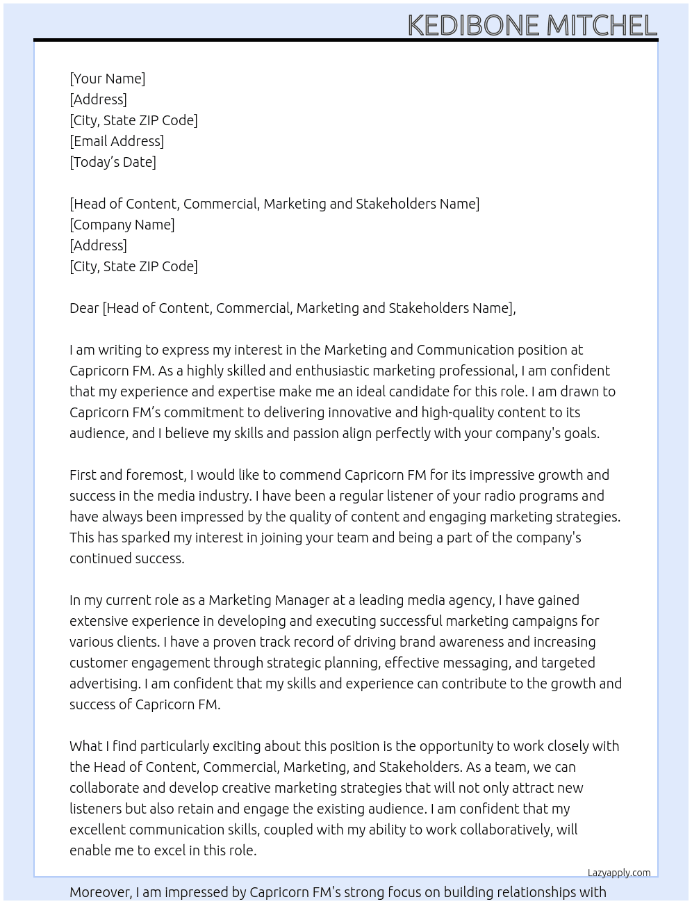 Marketing and communication  At Capricorn FM Cover Letter