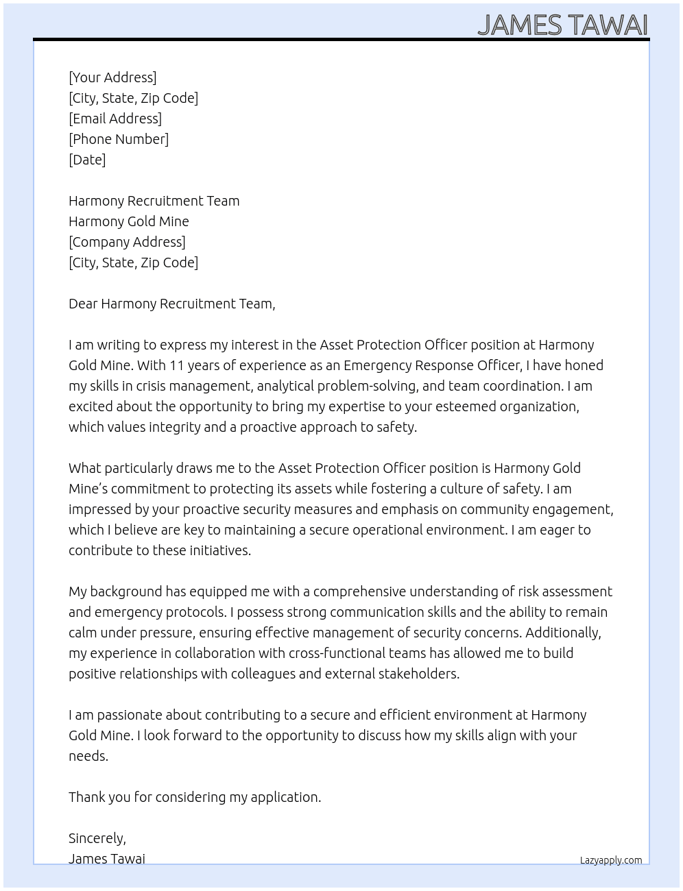 Cover letter for 11 year experience in emergency response officer applying for asset protection officer - LazyApply
