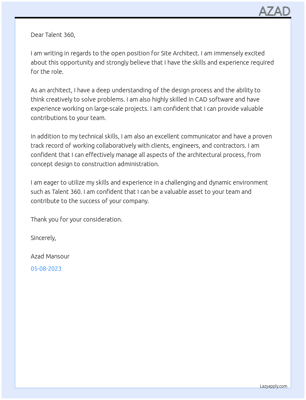 Site Architect At Talent 360 Cover Letter