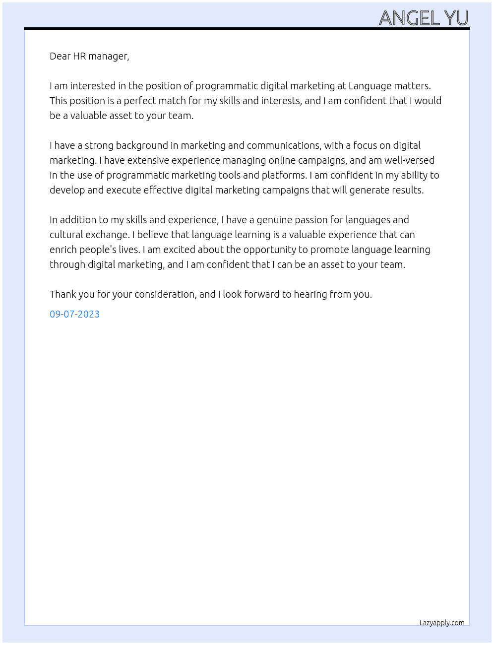 programmatic digital marketing  At Language matters Cover Letter