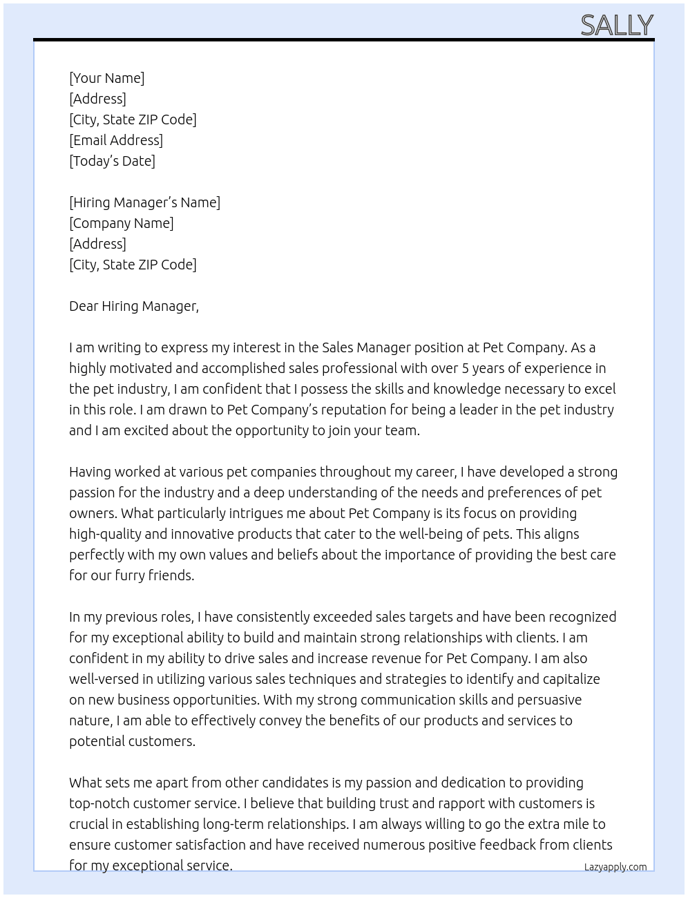 Sales manager At Pet company Cover Letter