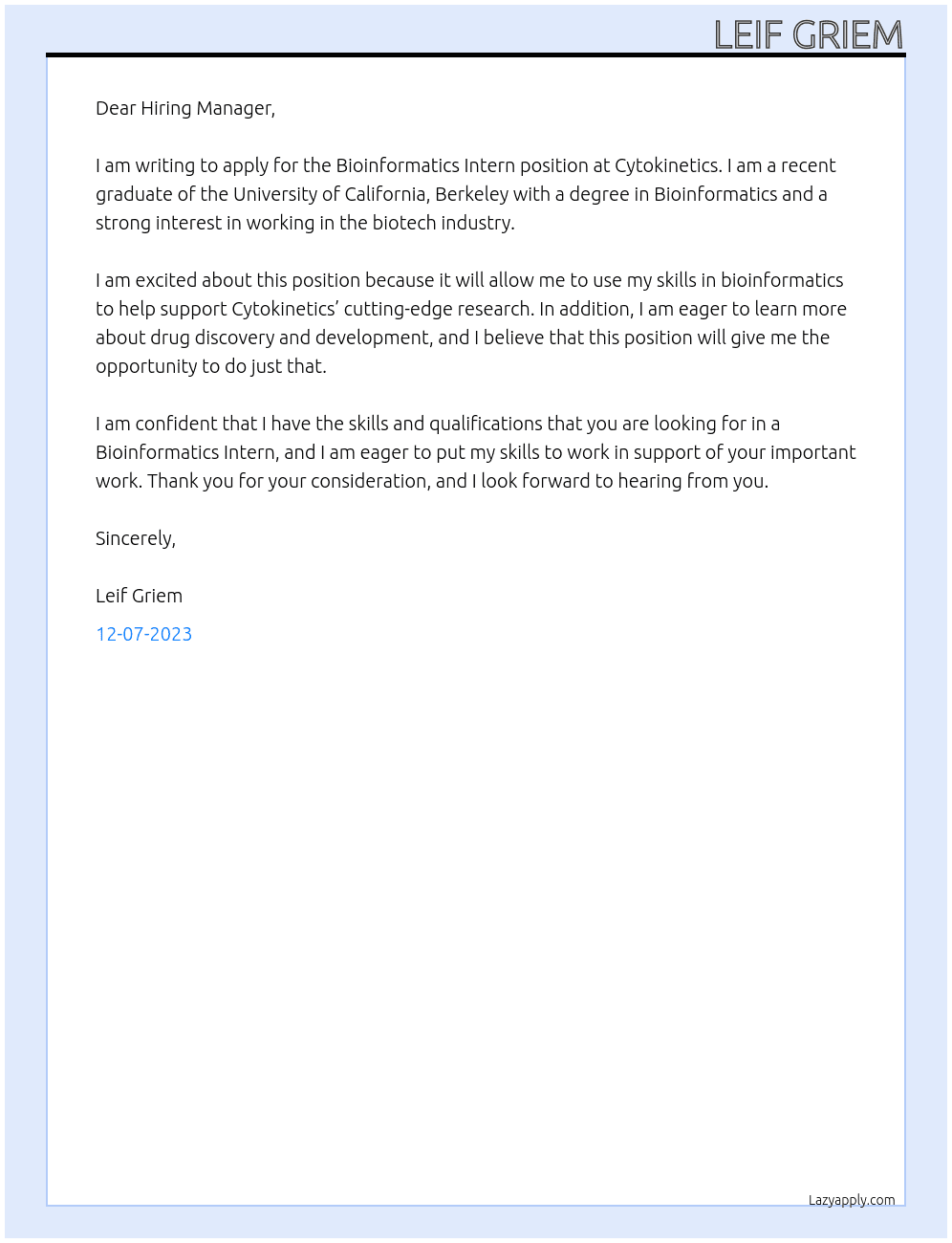 Bioinformatics Intern At Cytokinetics Cover Letter