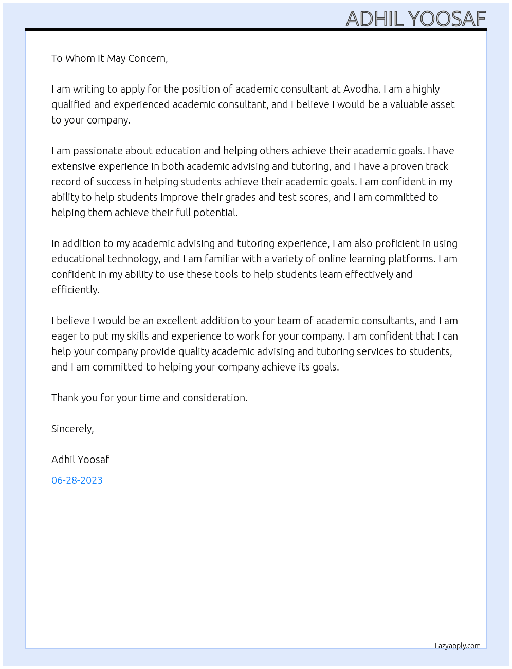  academic consultant At avodha Cover Letter