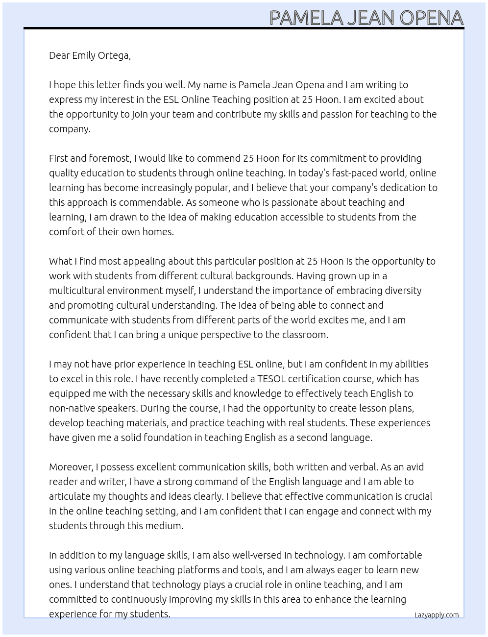 ESL Online Teaching No Experience At 25 Hoon Cover Letter
