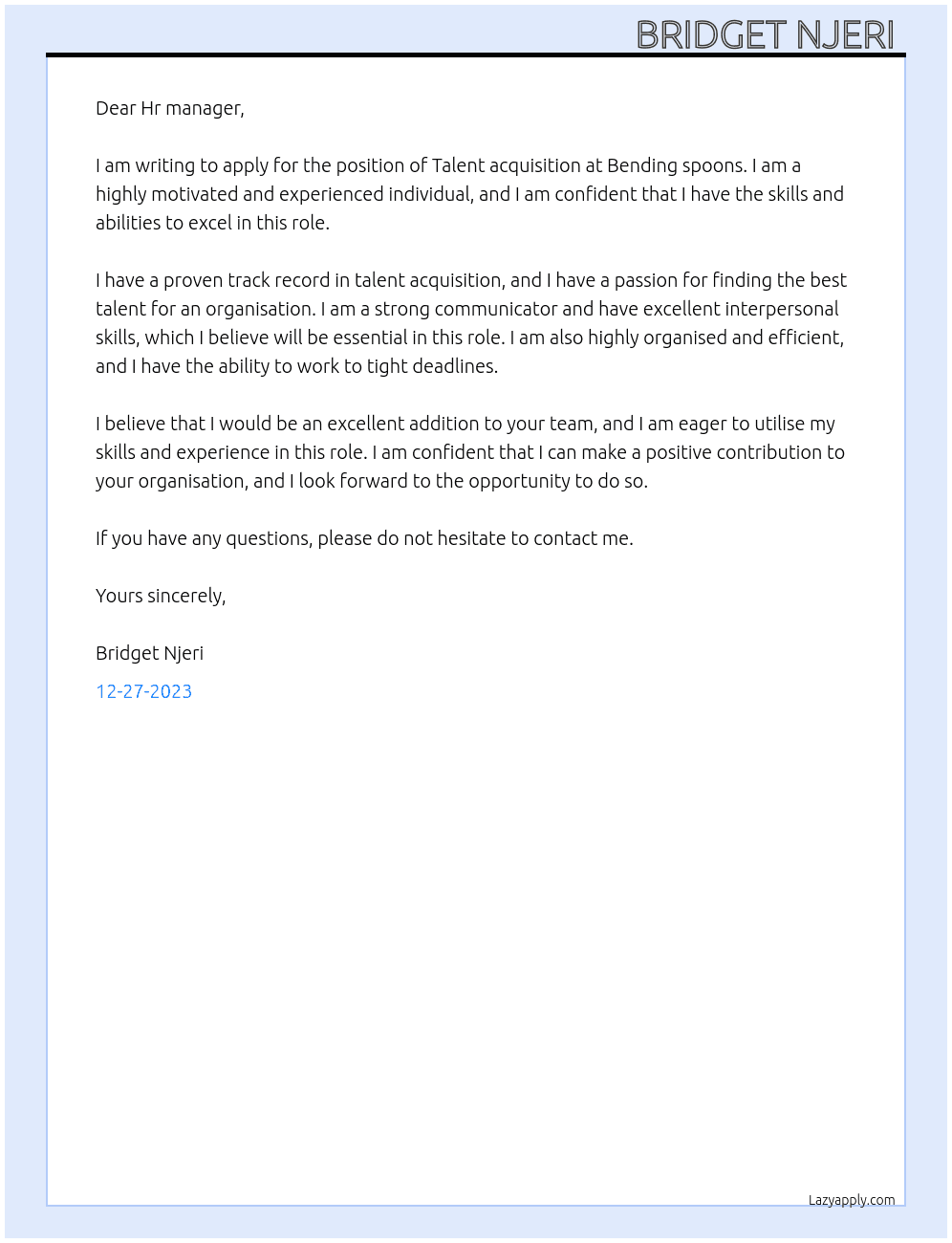 Talent acquisition  At Bending spoons Cover Letter