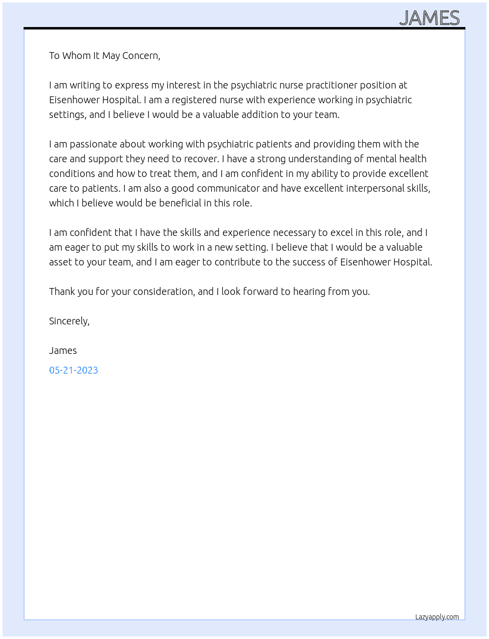 psychiatric nurse practitioner  At Eisenhower Hospital  Cover Letter