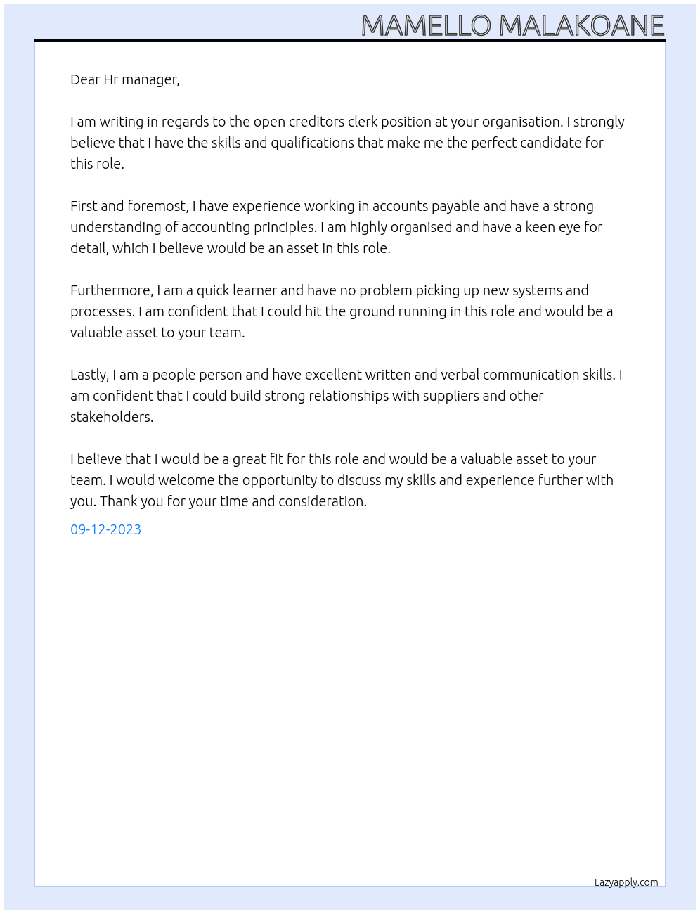 Creditors clerk At your organisation Cover Letter