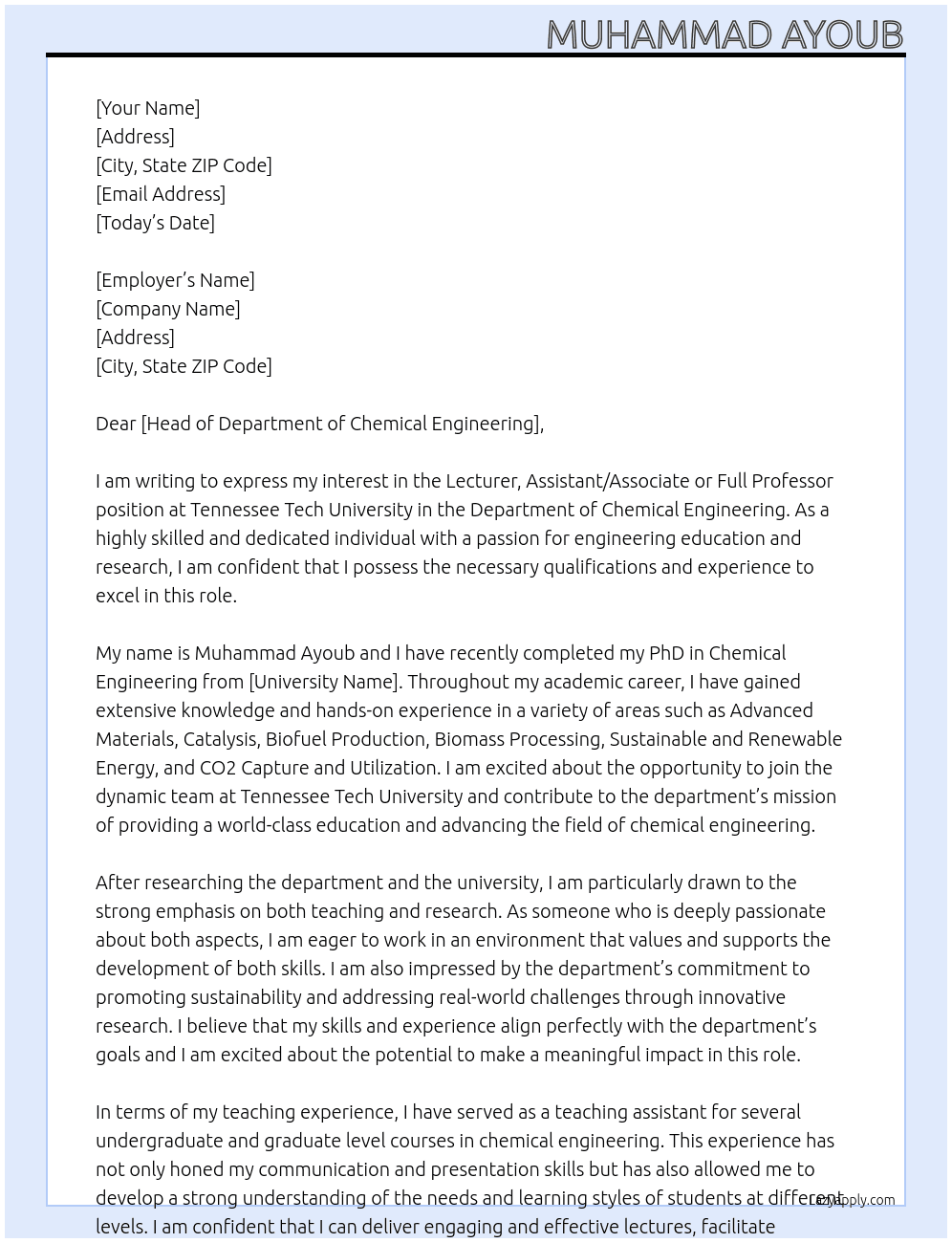 Lecturer, Assistant/Associate or Full Professor At Tennessee Tech University Cookeville, TN Cover Letter