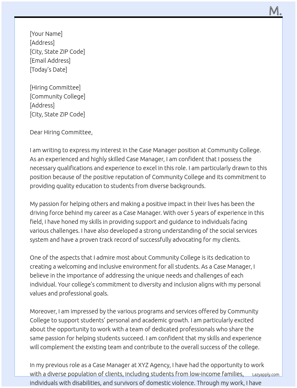 Case Manager  At Community College Cover Letter