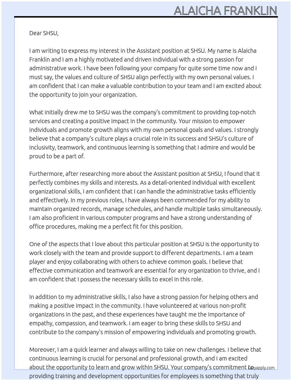assistant At SHSU Cover Letter