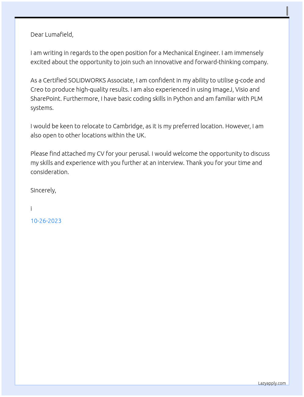 Mechanical Engineer At Lumafield Cover Letter