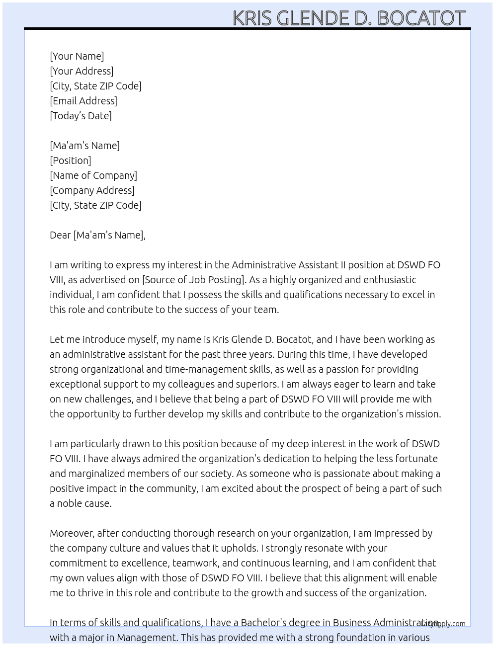 ADMINISTRATIVE ASSISTANT II At DSWD FO VIII  Cover Letter