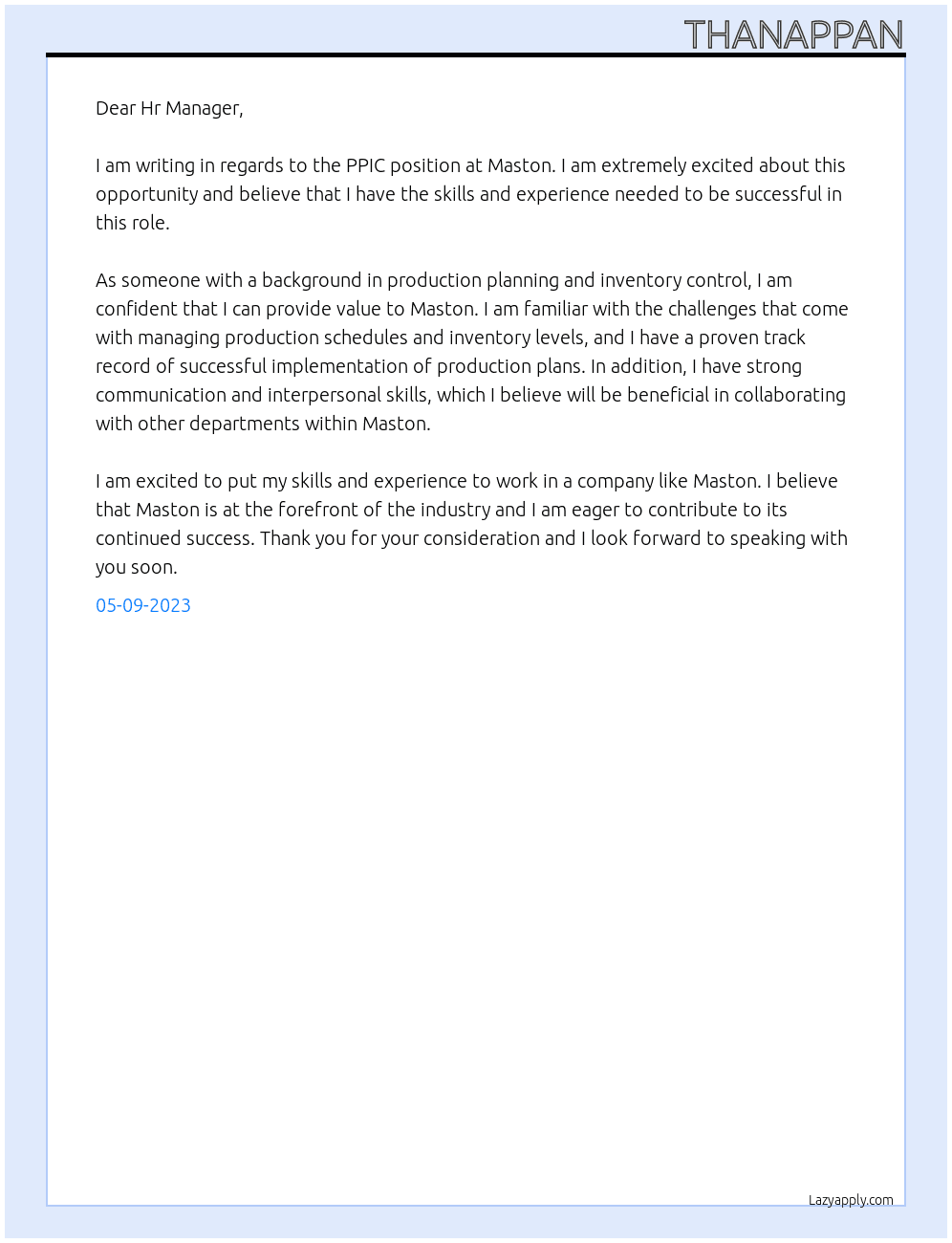 PPIC At Maston Cover Letter