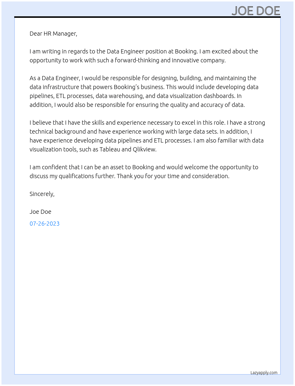 Data engineer At Booking Cover Letter