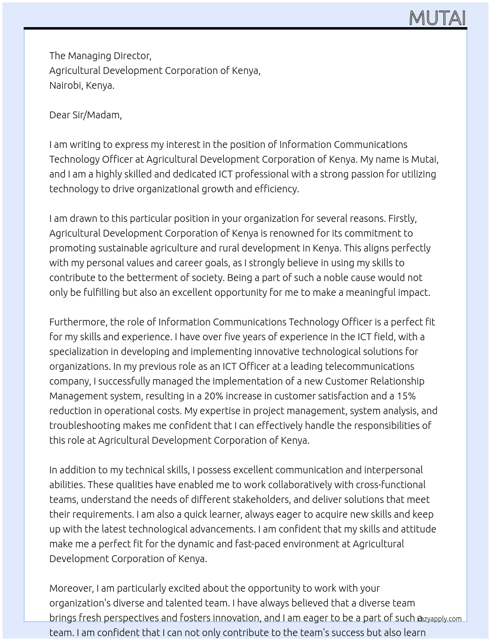 INFORMATION COMMUNICATIONS TECHNOLOGY OFFICER At Agricultural Development Corporatio of kenya, Cover Letter
