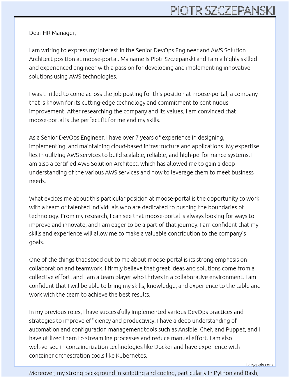 Senior DevOps Engineer, AWS Solution Architect At moose-portal Cover Letter