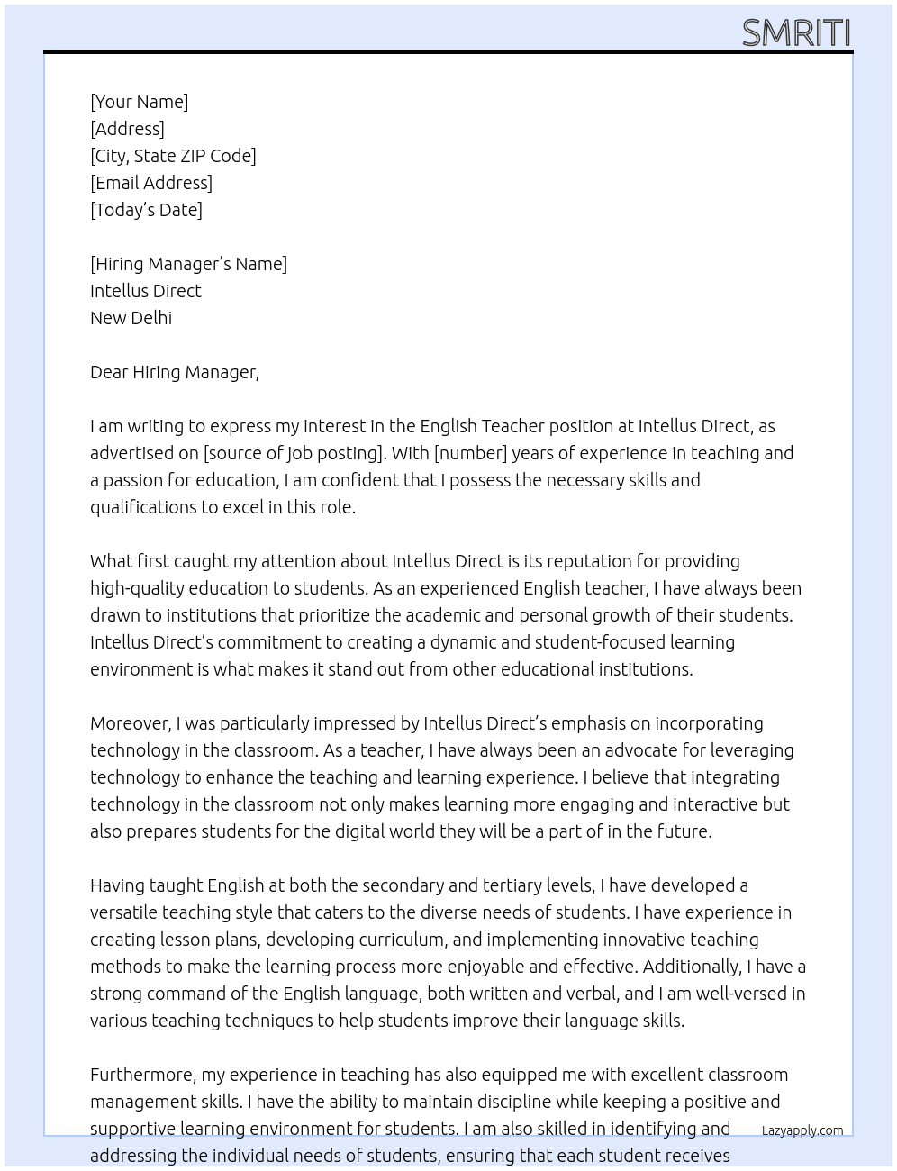 English teacher At Intellus Direct, New Delhi Cover Letter