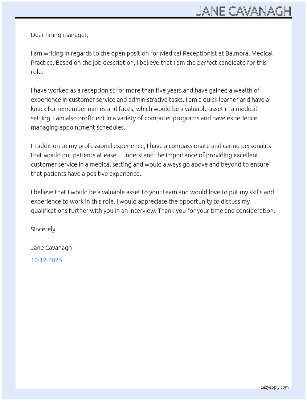 Medical Receptionist At Balmoral medical Practice  Cover Letter