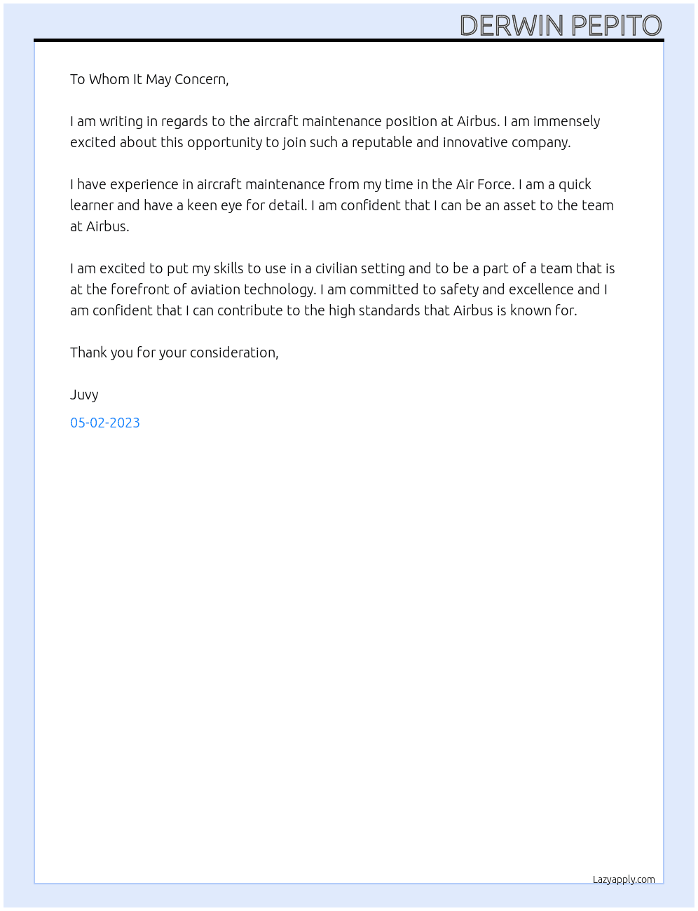 aircraft maintenance At airbus Cover Letter