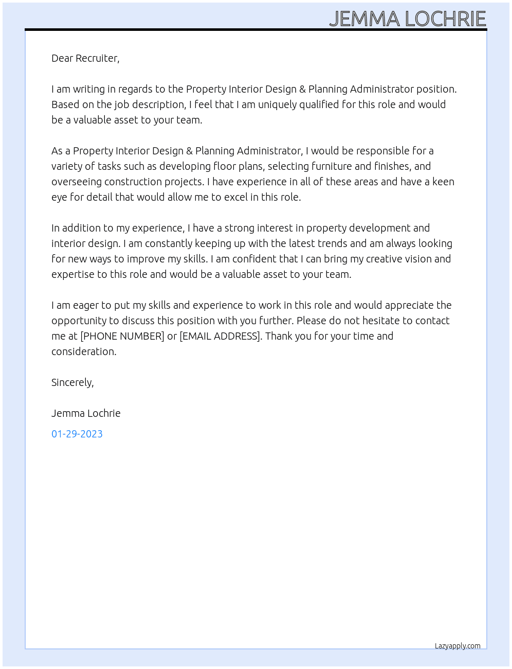 Cover letter for property interior design & planning administrator - LazyApply