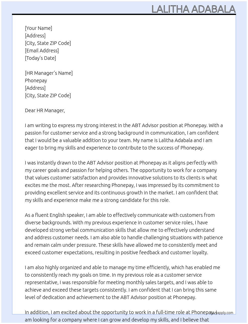 ABT Advisor At phonepay Cover Letter