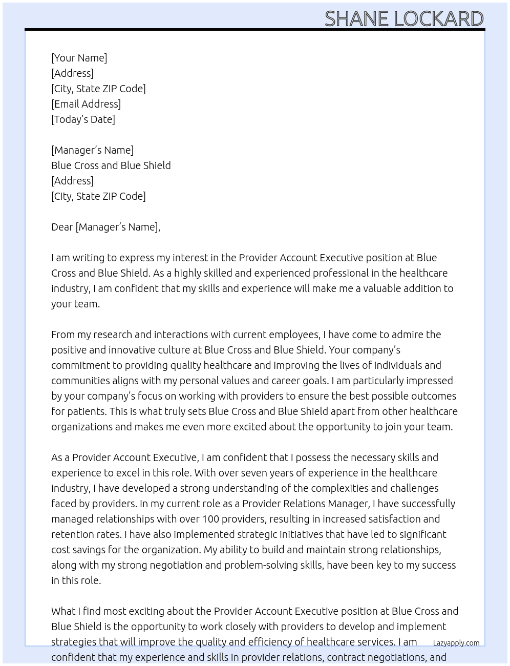 Provider Account Executive At Blue Cross and Blue Shield Cover Letter