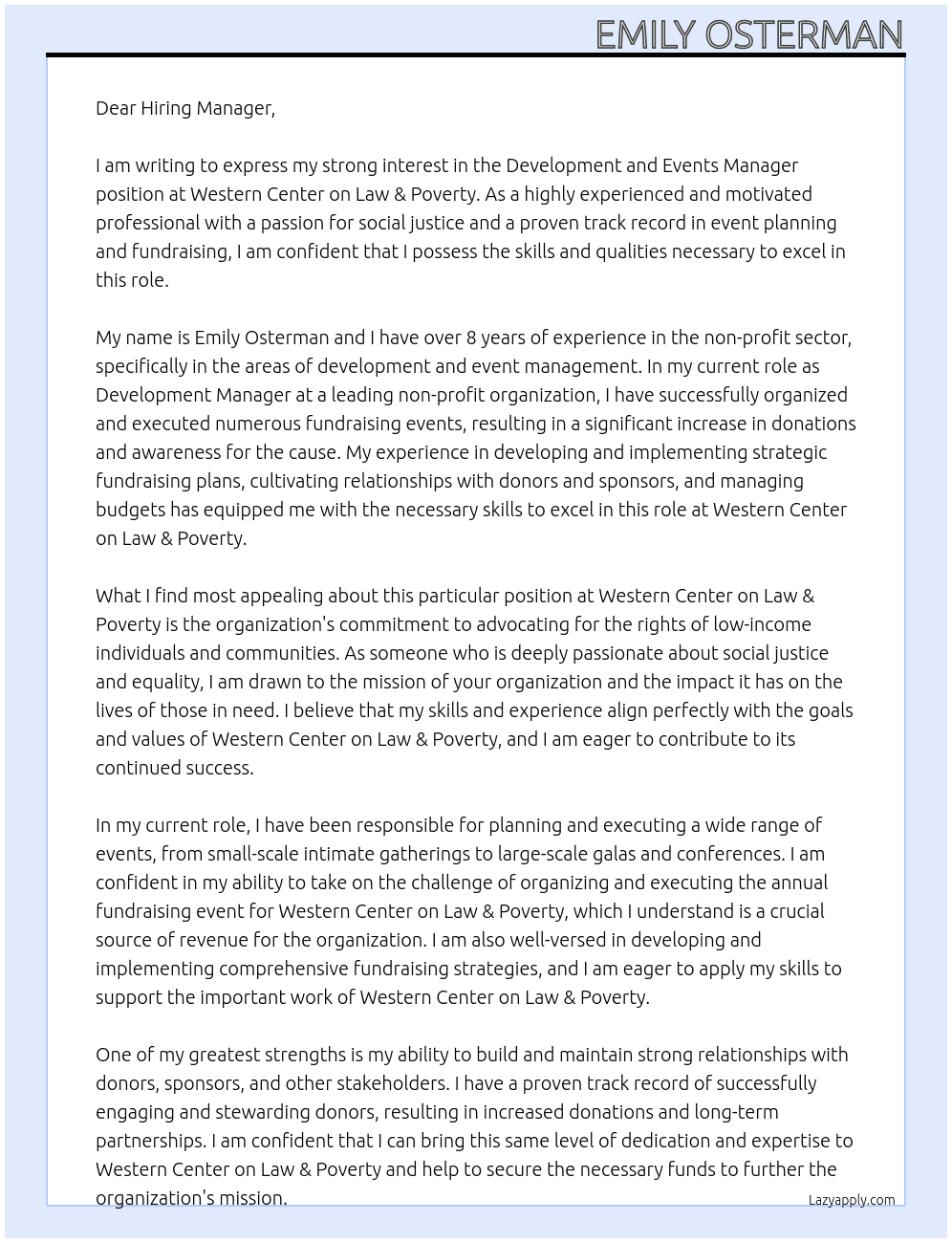 Development and Events Manager At Western Center on Law & Poverty Cover Letter