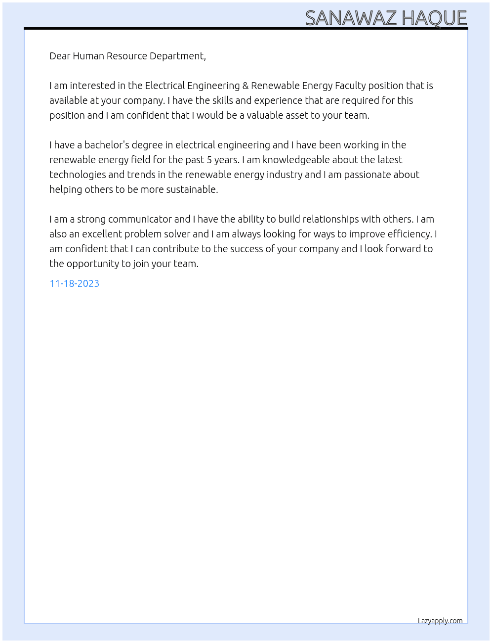 Electrical Engineering & Renewable Energy Faculty At Electrical Engineering & Renewable Energy Faculty Cover Letter