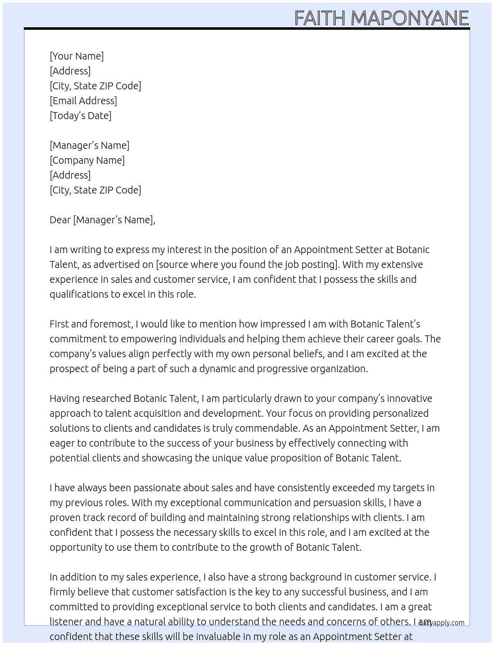 Appointment setter  At Botanic talent Cover Letter
