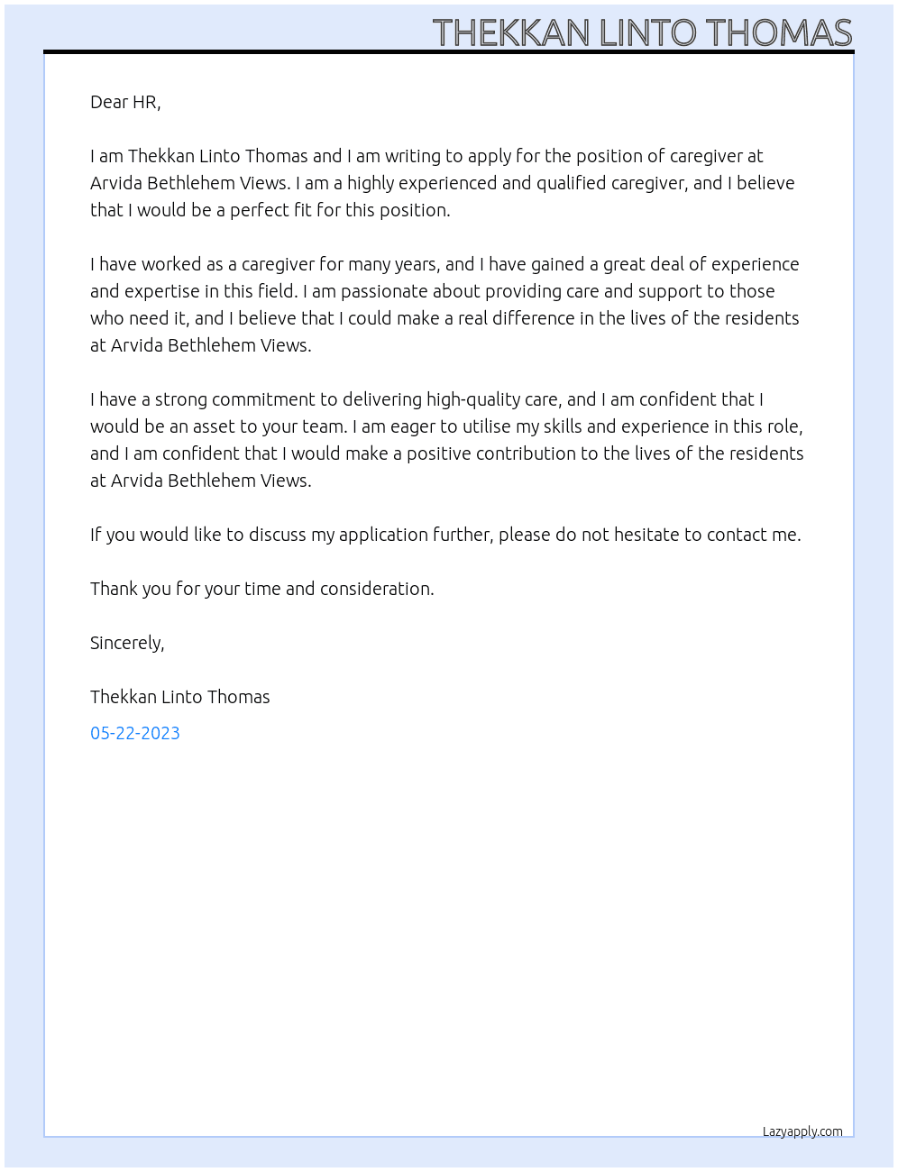 Caregiver At Arvida Bethlehem Views Cover Letter