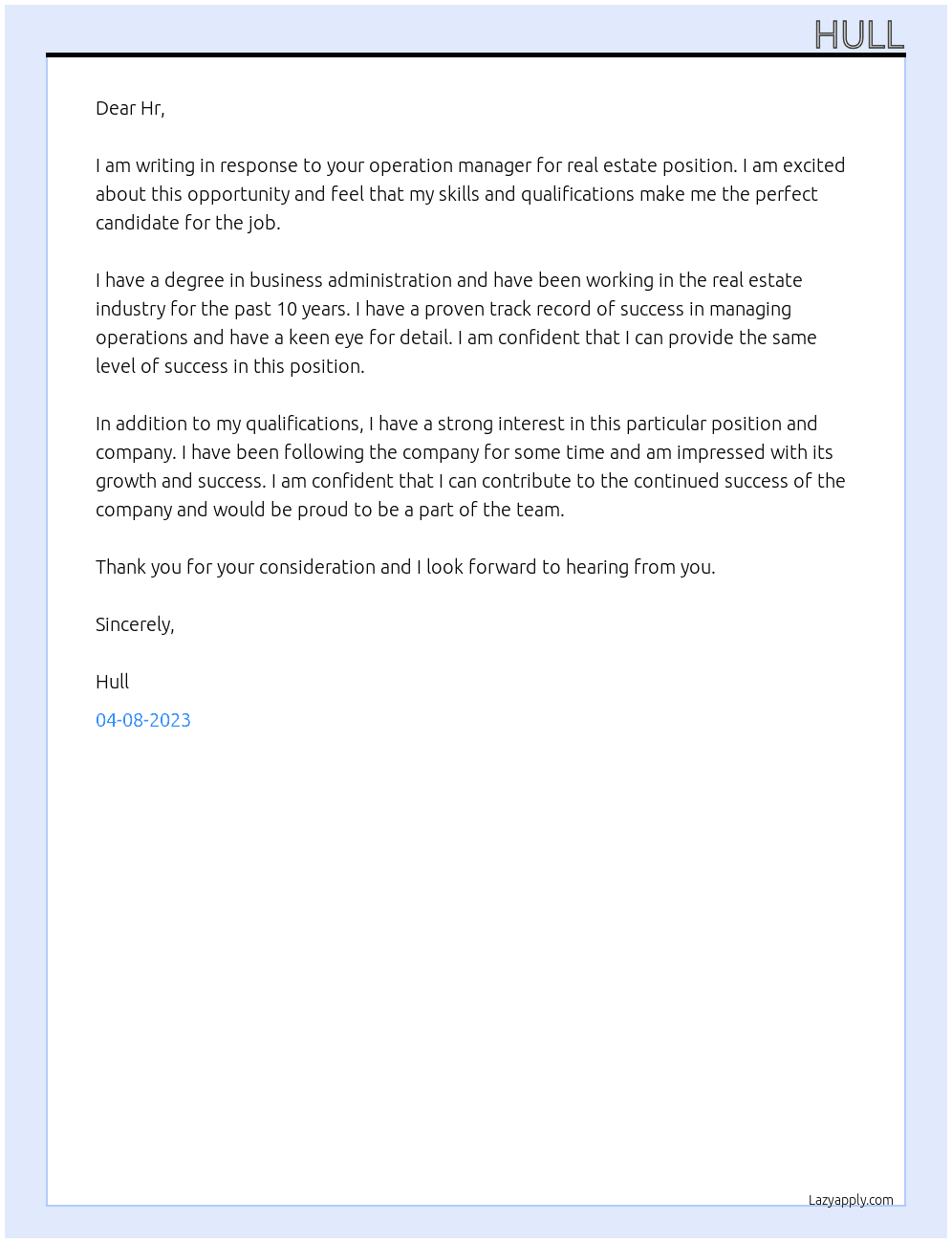 operation manager for real estate  At Hull Cover Letter