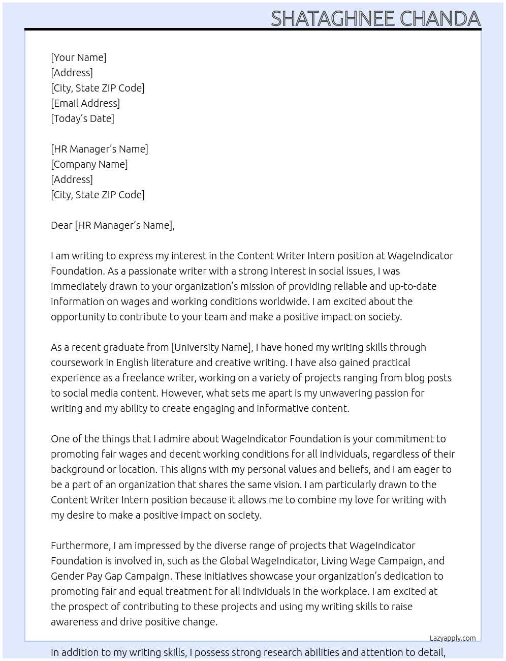 Content Writer Intern At WageIndicator Foundation  Cover Letter