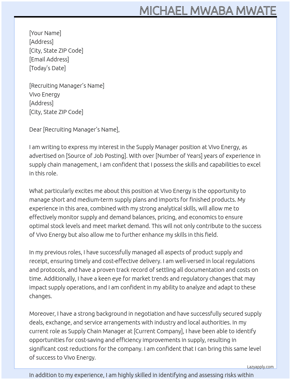 Supply Manager At Vivo Energy  Cover Letter
