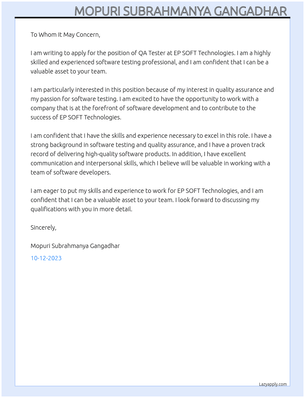 QA Tester At EP SOFT Technologies  Cover Letter