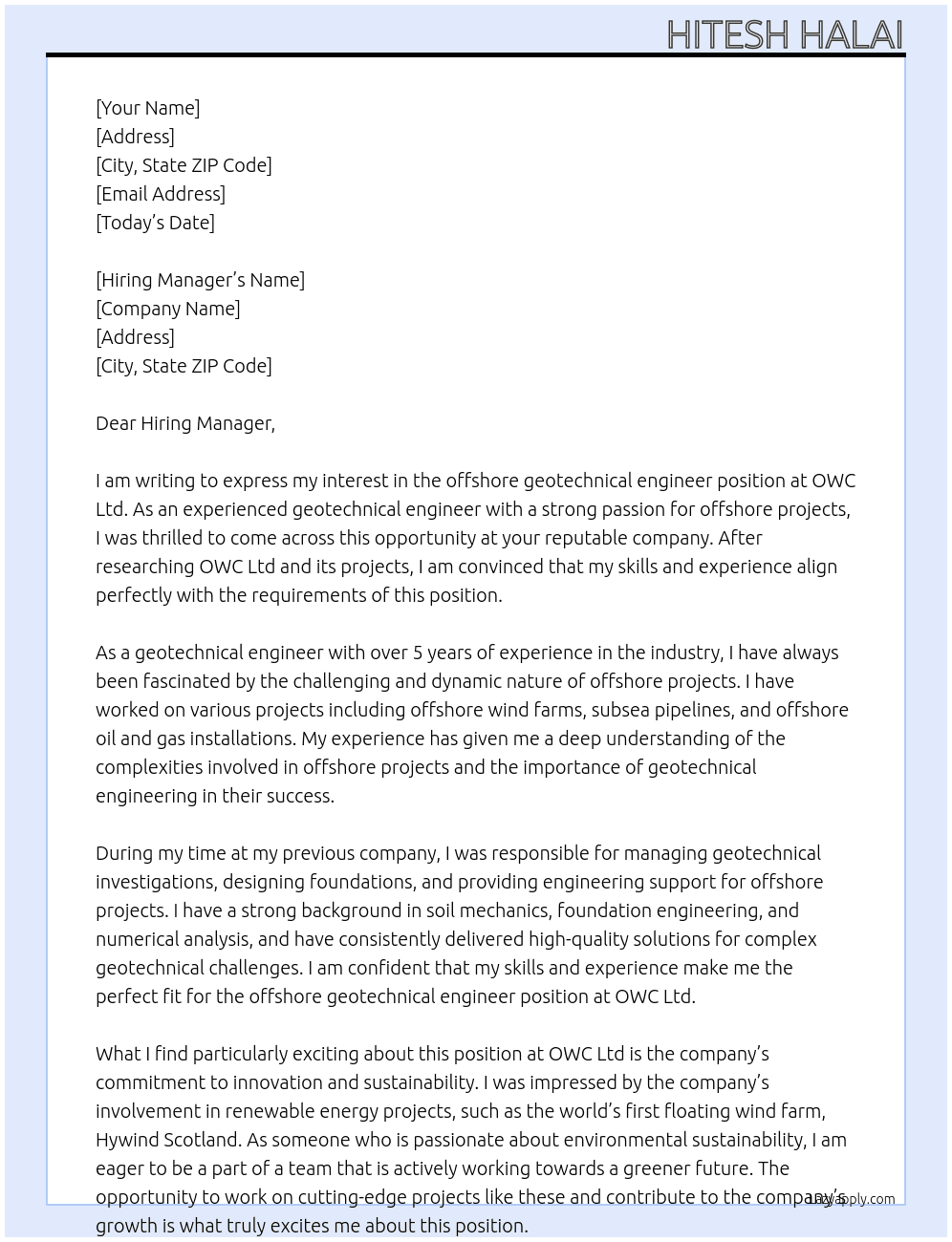 offshore geotechnical engineer At OWC Ltd Cover Letter