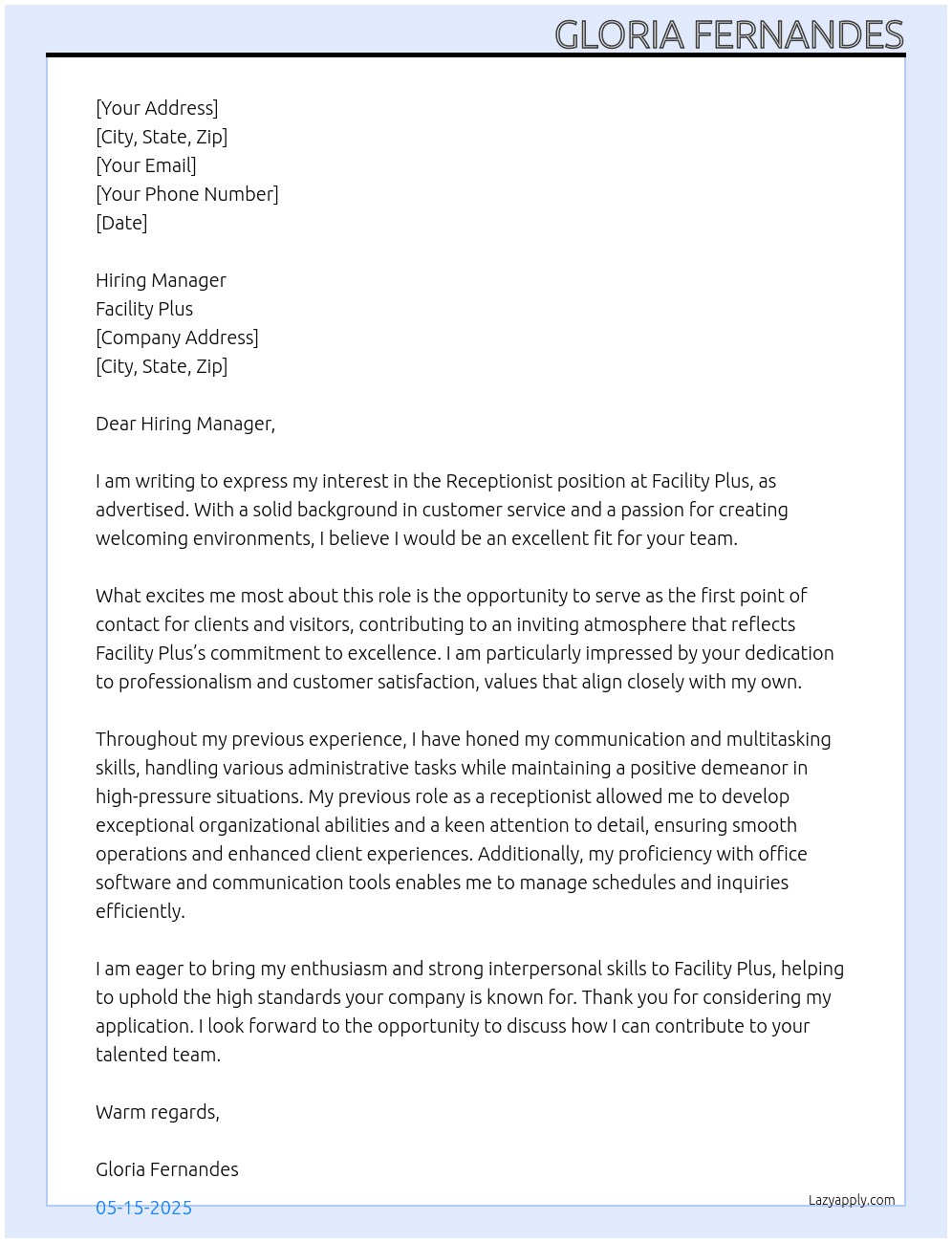Receptionist At Facility Plus Cover Letter