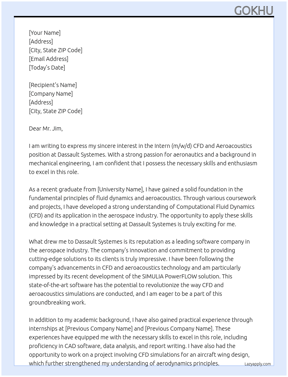 Intern (m/w/d) CFD and Aeroacoustics At Dassault systemes Cover Letter