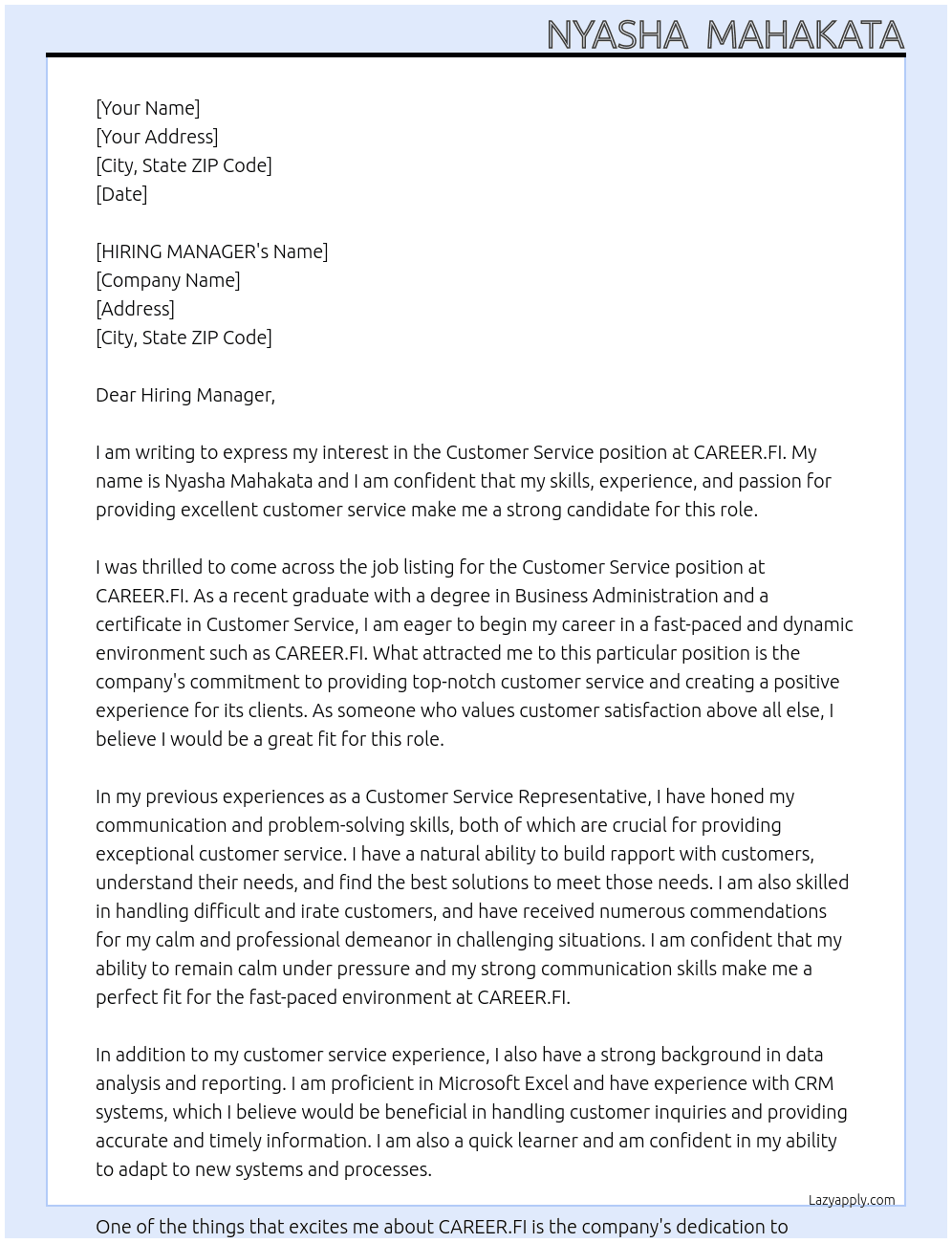Customer service  At CAREER.FI Cover Letter