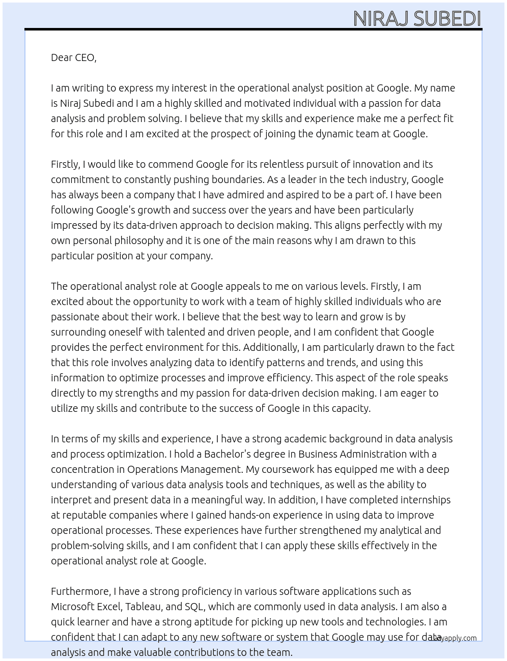 operational analyst At Google  Cover Letter